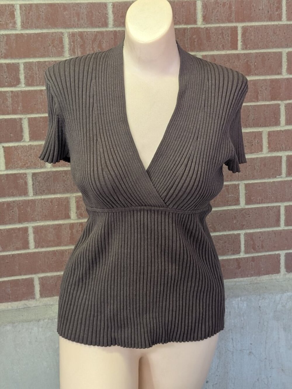 Evie Silk Y2K Blend Ribbed Wrap Babydoll Top Brown Work Office Siren V-Neck L